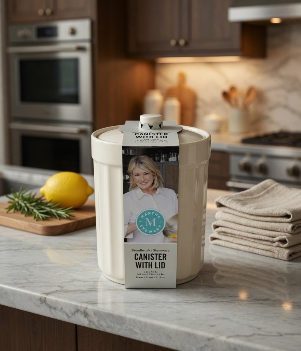 Martha Stewart Broadbrook Stoneware Canister with Lid 2Qt Cream 5.9x8.4" NWT